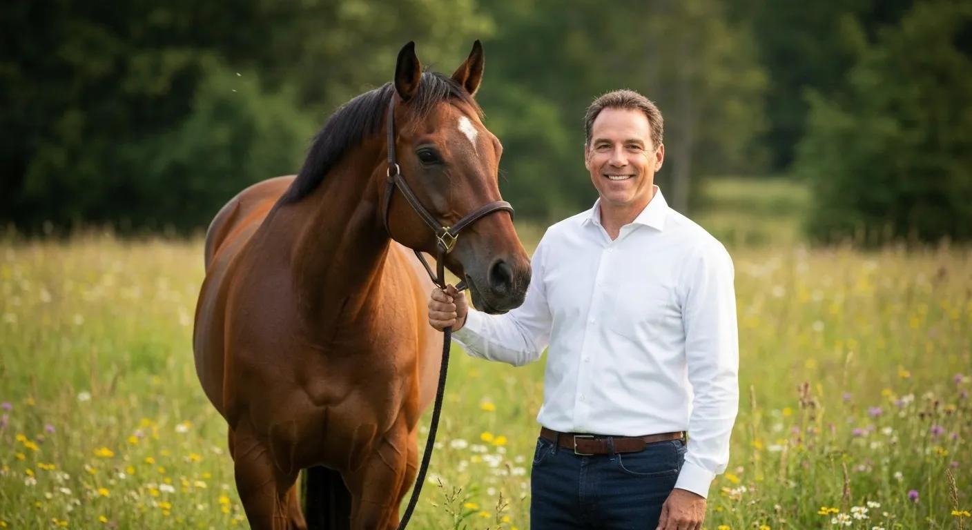Leader engaging with a horse in a natural setting, symbolizing equine-assisted executive coaching