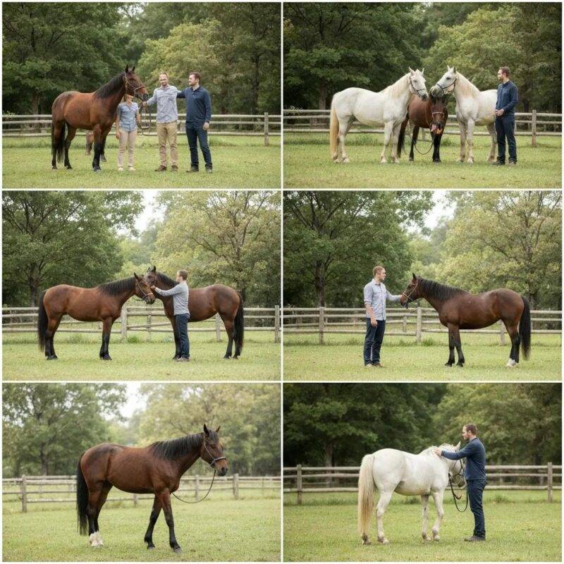 Participants engaging in equine-assisted learning, showcasing trust and self-awareness in a serene outdoor setting