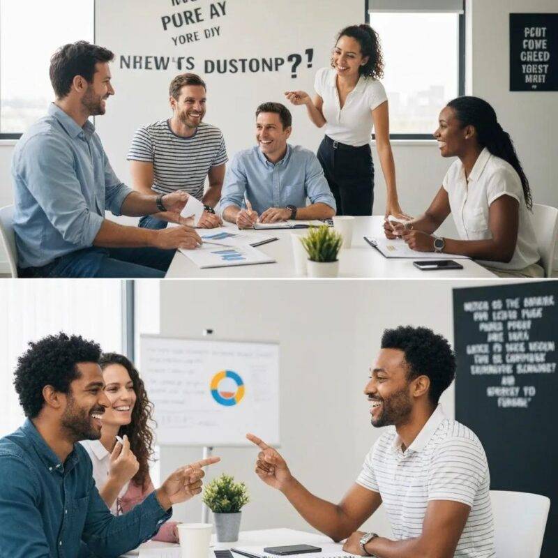 Diverse employees engaged in a leadership development workshop, showcasing collaboration and enthusiasm